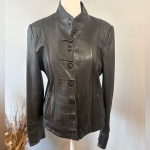 G&I Black Genuine Leather Jacket Size L Fitted Ruffle Front Moto